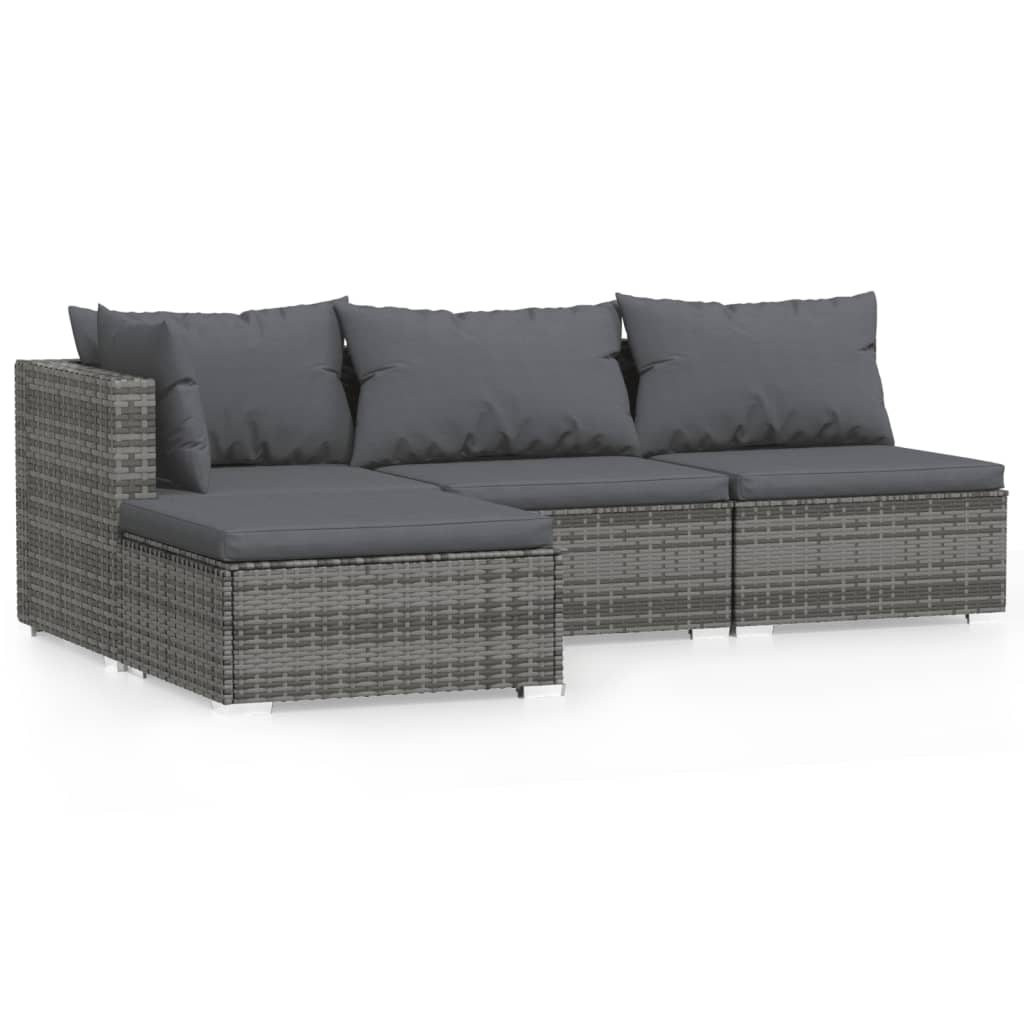 4 Piece Patio Lounge Set with Cushions Gray Poly Rattan