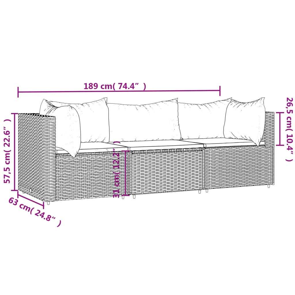 3 Piece Patio Lounge Set with Cushions Brown Poly Rattan