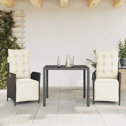 3 Piece Patio Dining Set with Cushions Black Poly Rattan