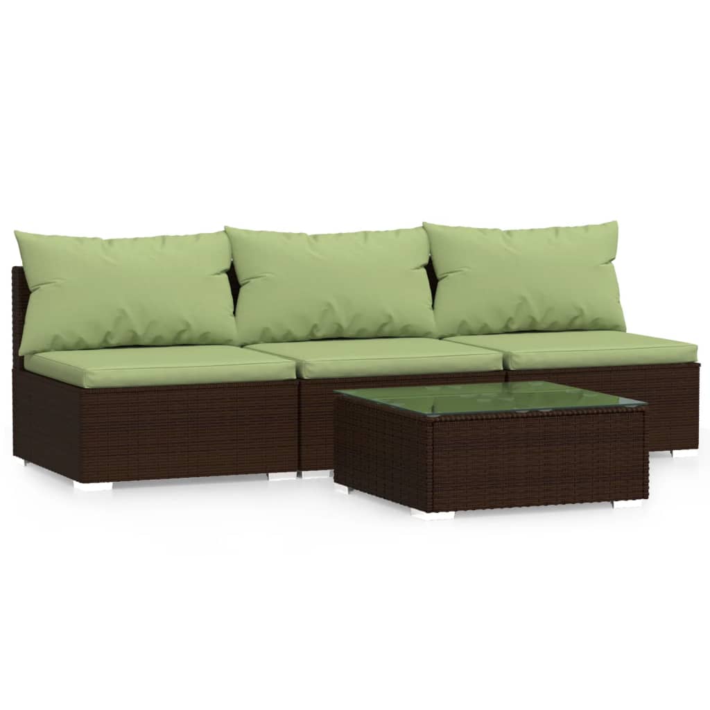 4 Piece Patio Lounge Set with Cushions Brown Poly Rattan