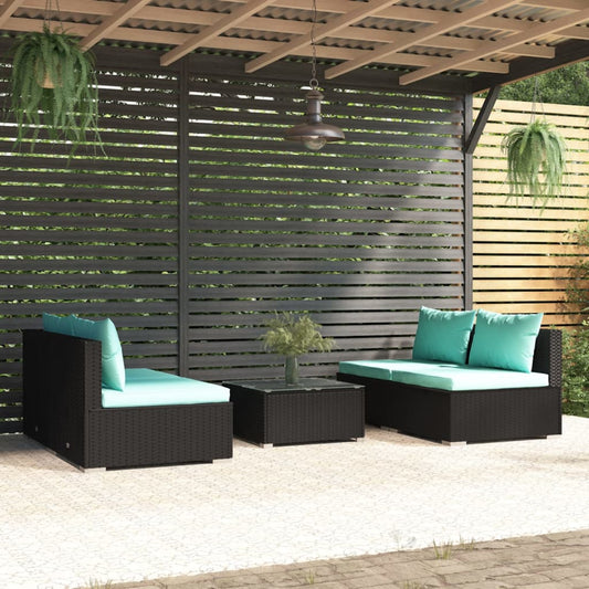 5 Piece Patio Lounge Set with Cushions Poly Rattan Black