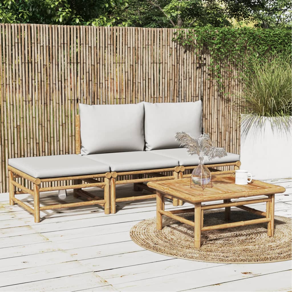 4 Piece Patio Lounge Set with Light Gray Cushions Bamboo