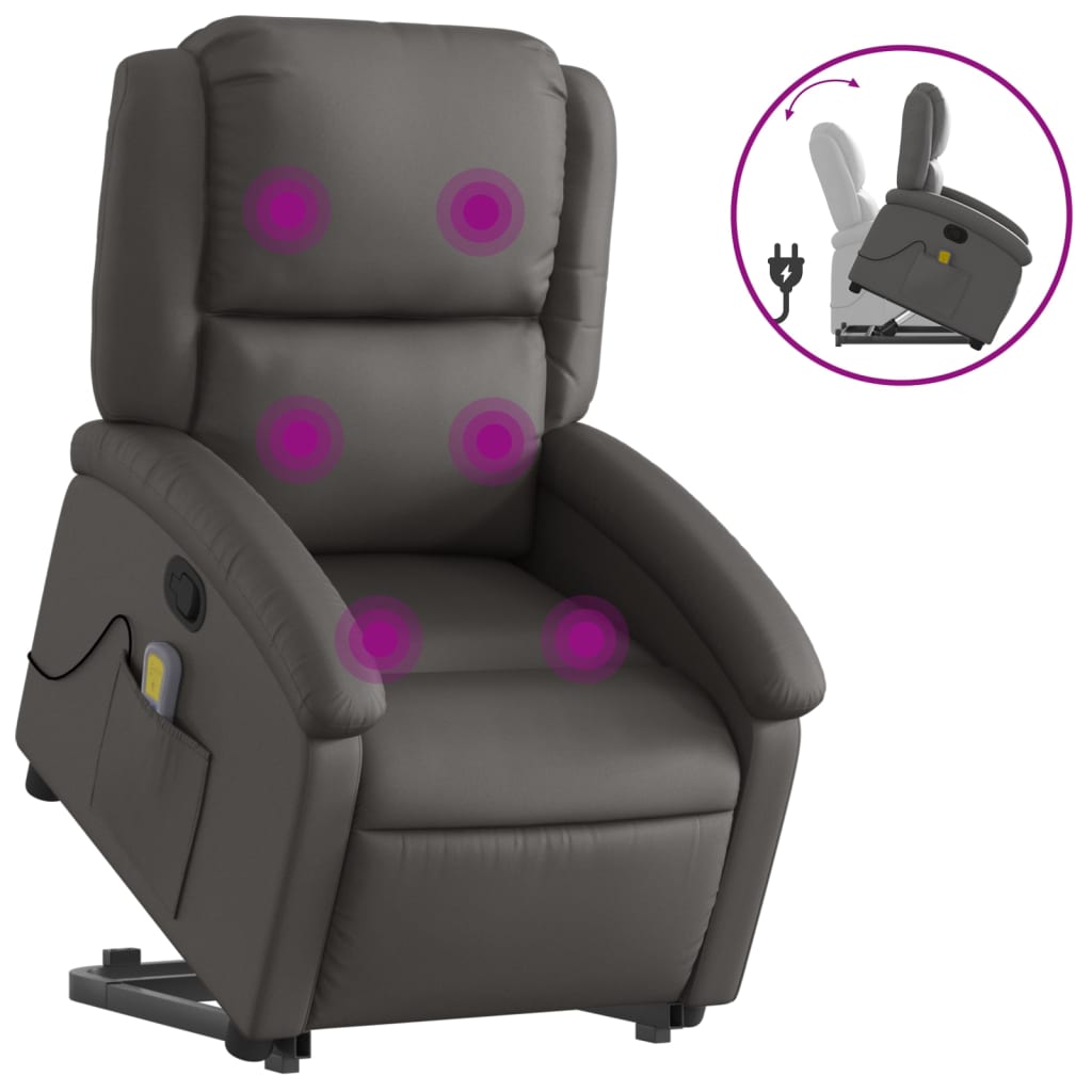 Stand up Massage Recliner Chair Gray Real Leather