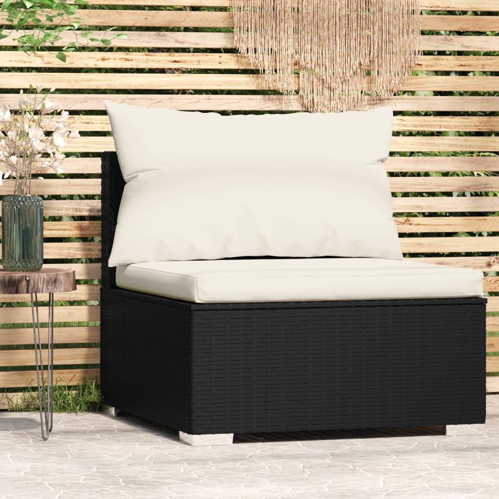 Patio Middle Sofa with Cushions Black Poly Rattan