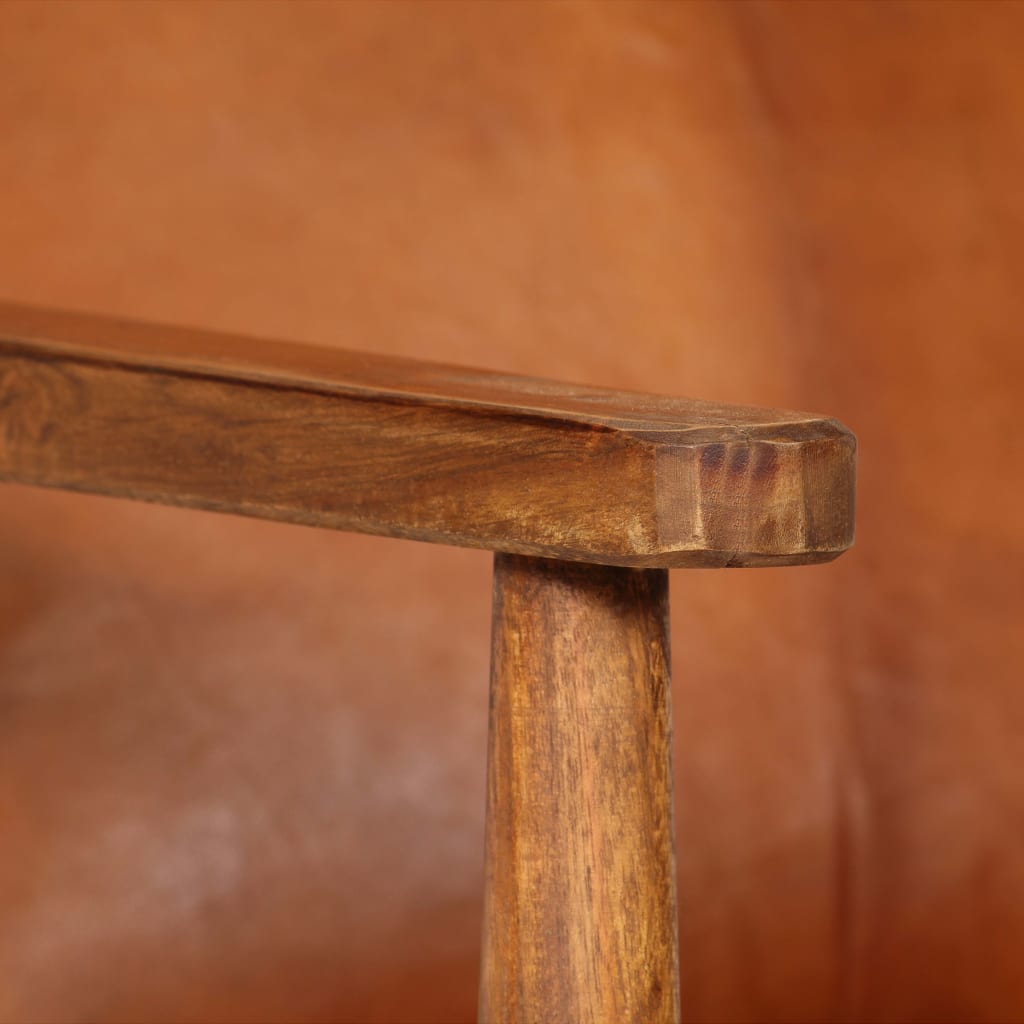 Armchair Brown Real Leather with Acacia Wood