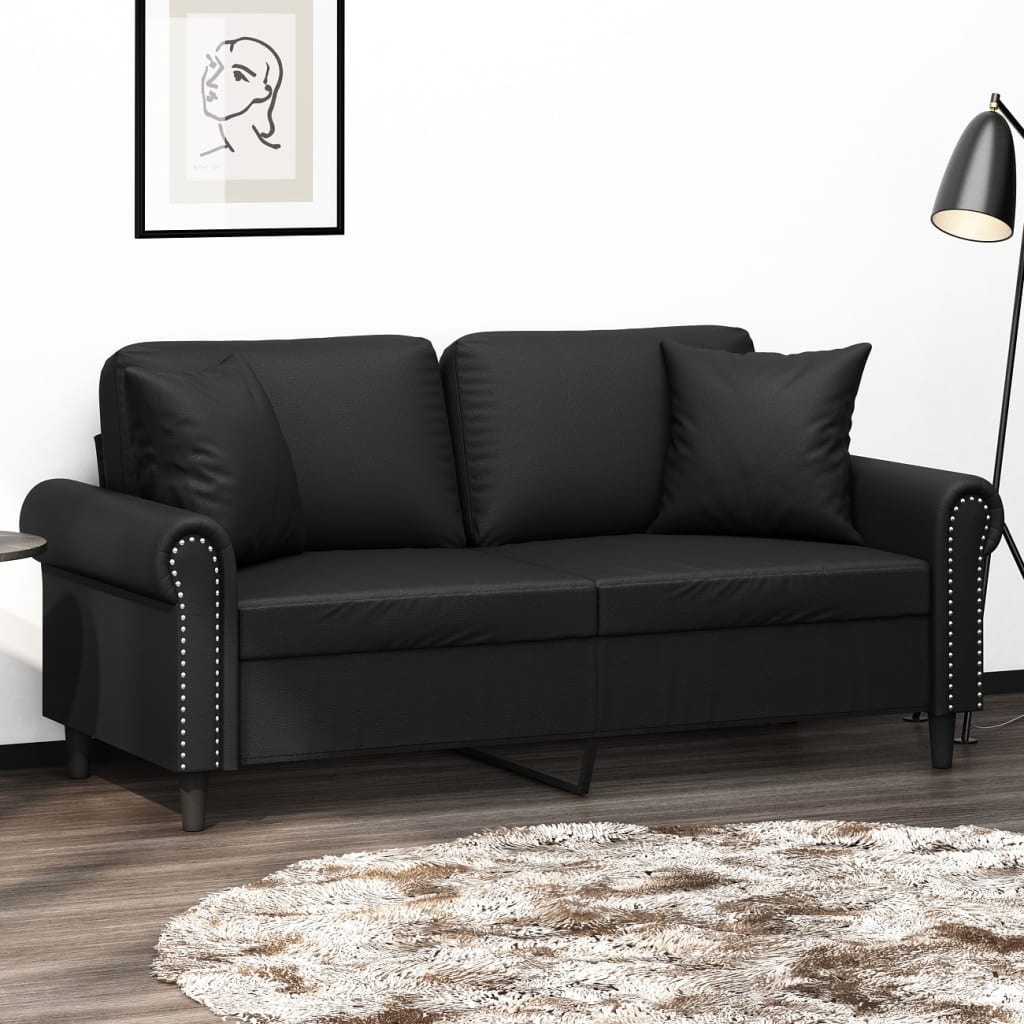 2-Seater Sofa with Throw Pillows Black 55.1" Faux Leather