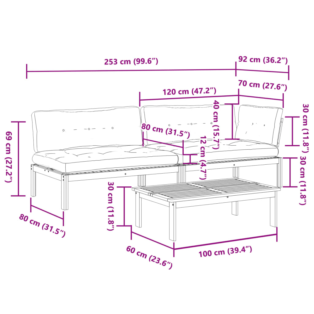 3 Piece Patio Pallet Sofa Set with Cushions Solid Wood Acacia