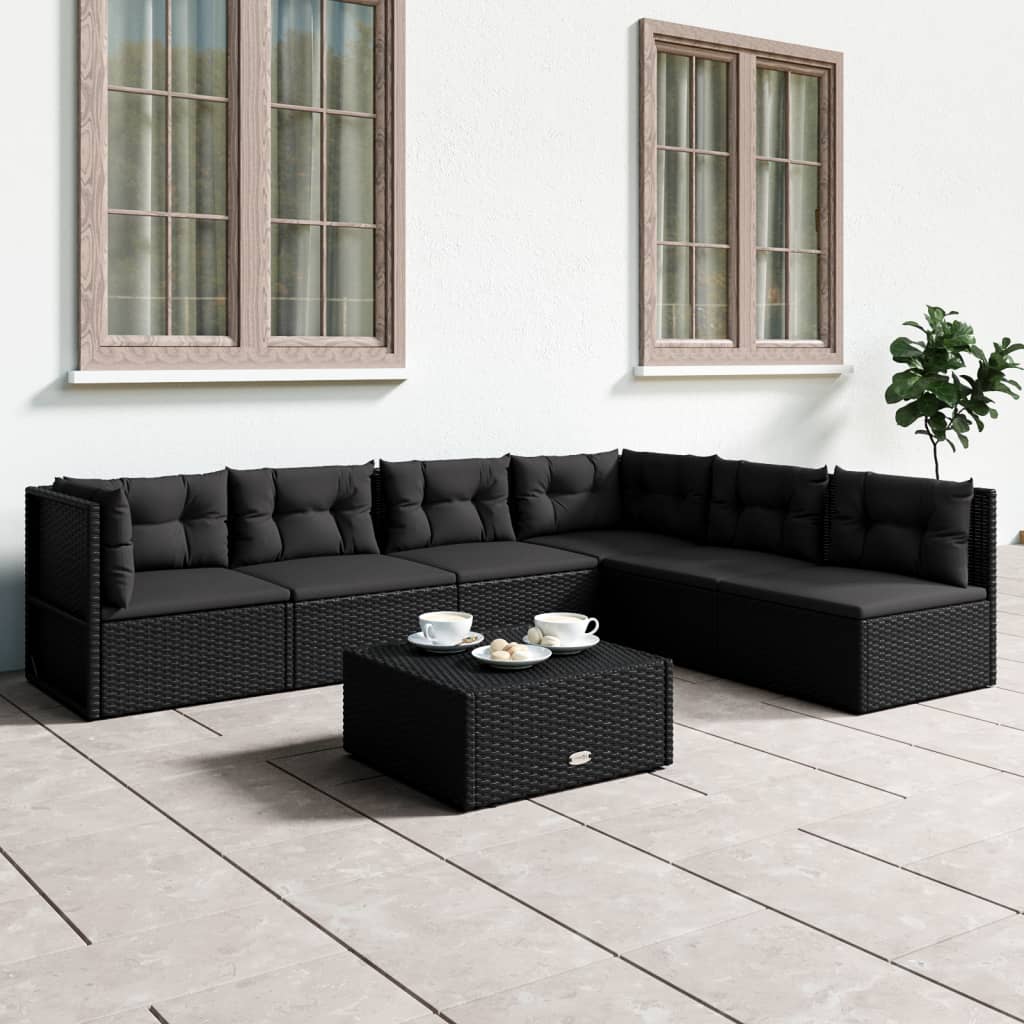 6 Piece Patio Lounge Set with Cushions Black Poly Rattan