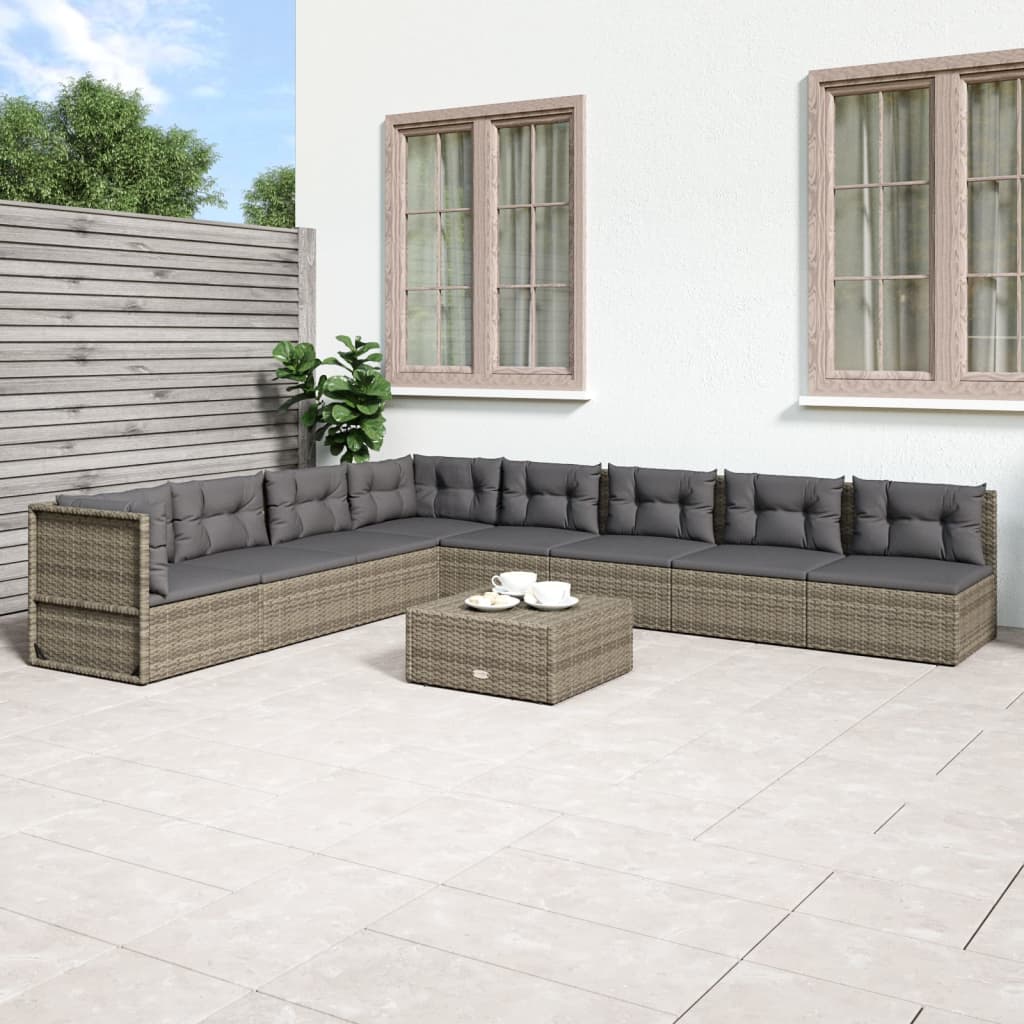 8 Piece Patio Lounge Set with Cushions Gray Poly Rattan