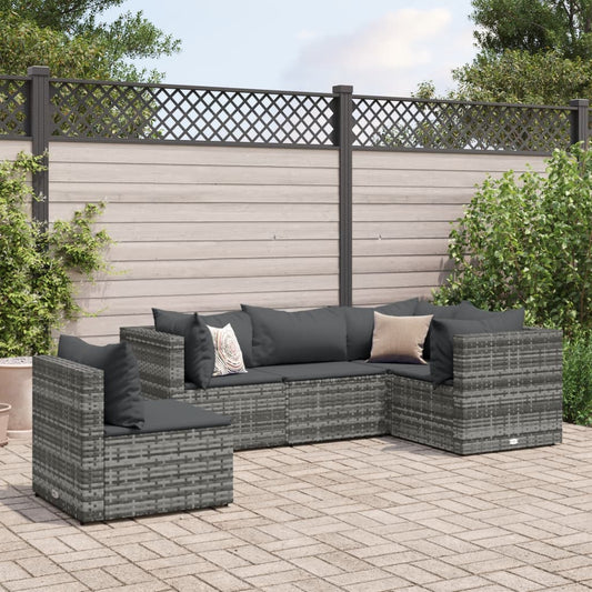 5 Piece Patio Lounge Set with Cushions Gray Poly Rattan