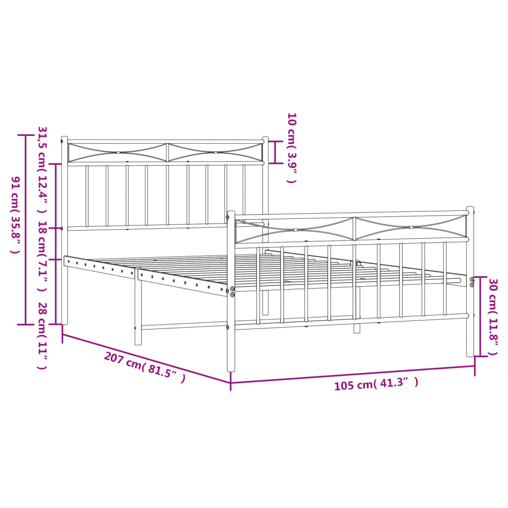 Metal Bed Frame without Mattress with Footboard White 39.4"x78.7"