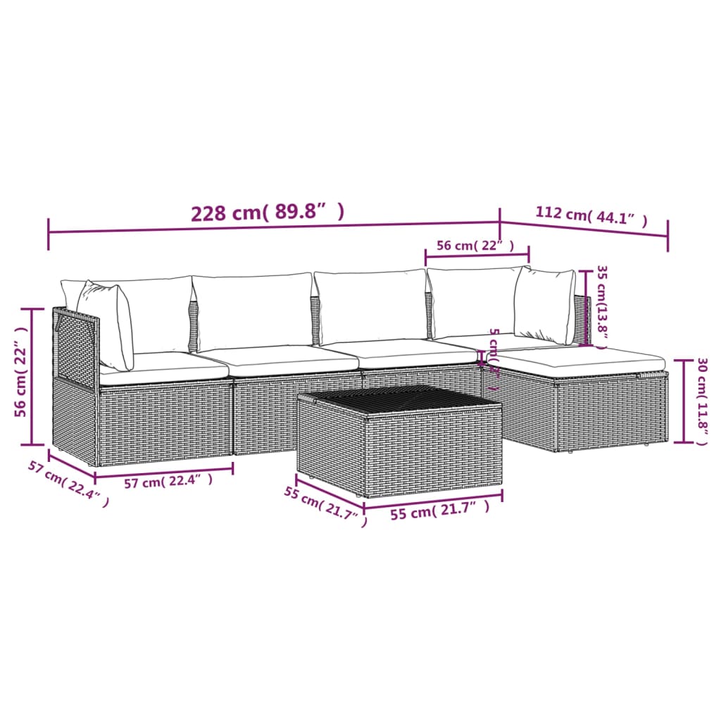 6 Piece Patio Lounge Set with Cushions Gray Poly Rattan