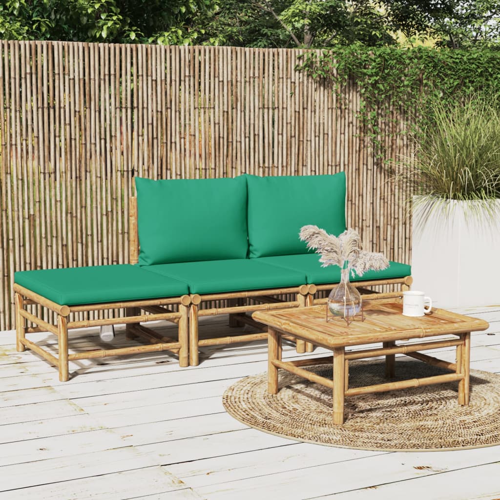 4 Piece Patio Lounge Set with Green Cushions Bamboo