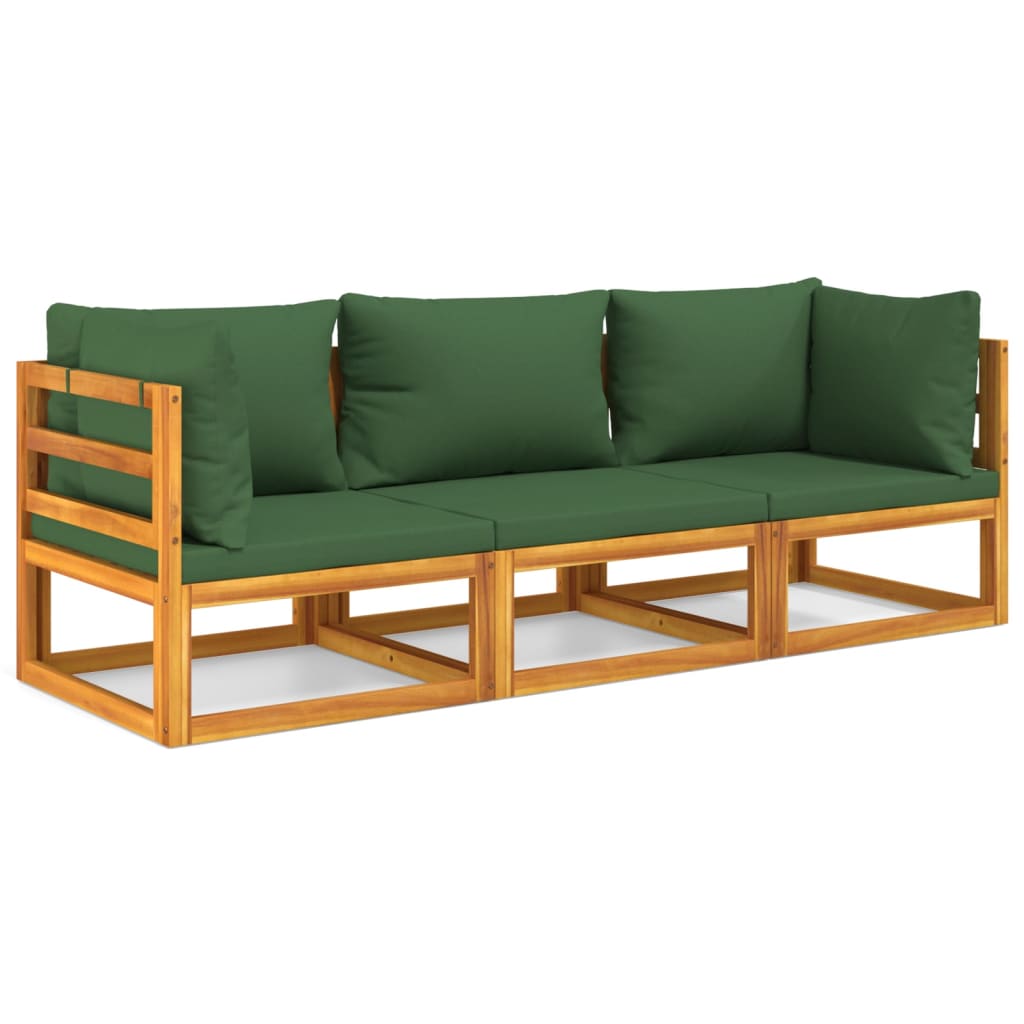 3 Piece Patio Lounge Set with Green Cushions Solid Wood