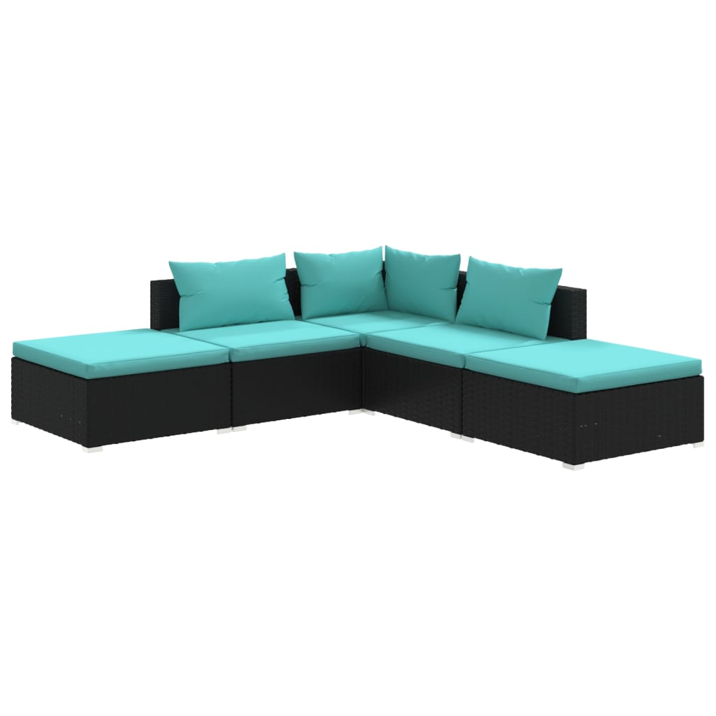 5 Piece Patio Lounge Set with Cushions Poly Rattan Black