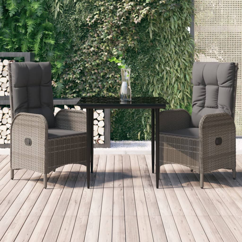 3 Piece Patio Dining Set with Cushions Black and Gray Poly Rattan