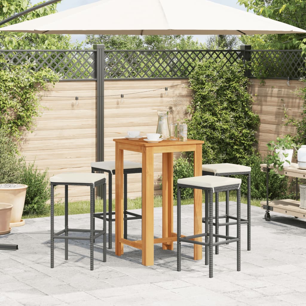 5 Piece Patio Bar Set Black Solid Wood Acacia and Poly Rattan