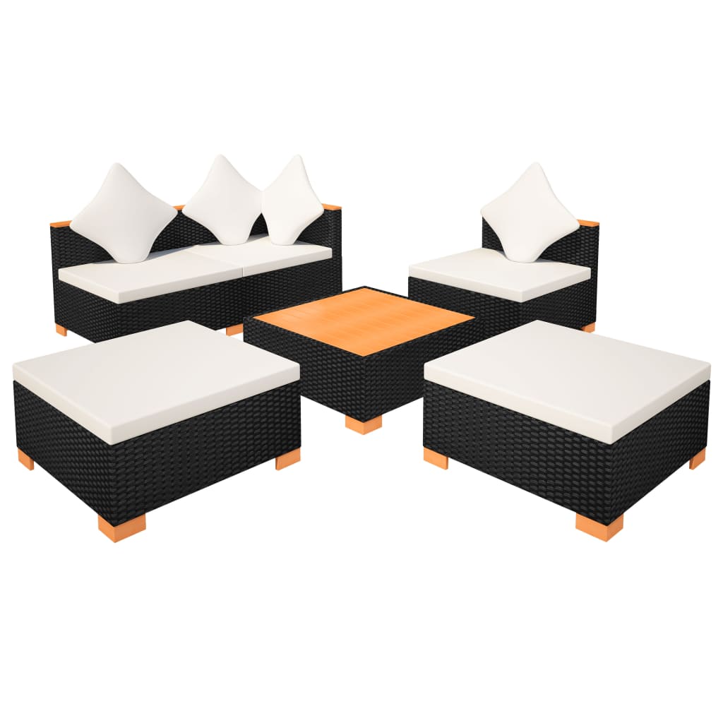 6 Piece Patio Lounge Set with Cushions Poly Rattan Black