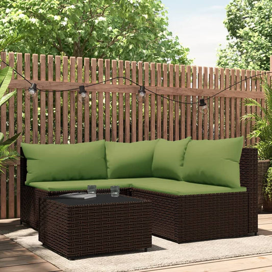 4 Piece Patio Lounge Set with Cushions Brown Poly Rattan