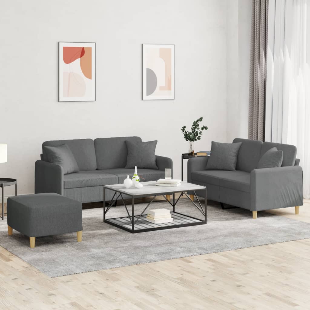 3 Piece Sofa Set with Pillows Dark Gray Fabric