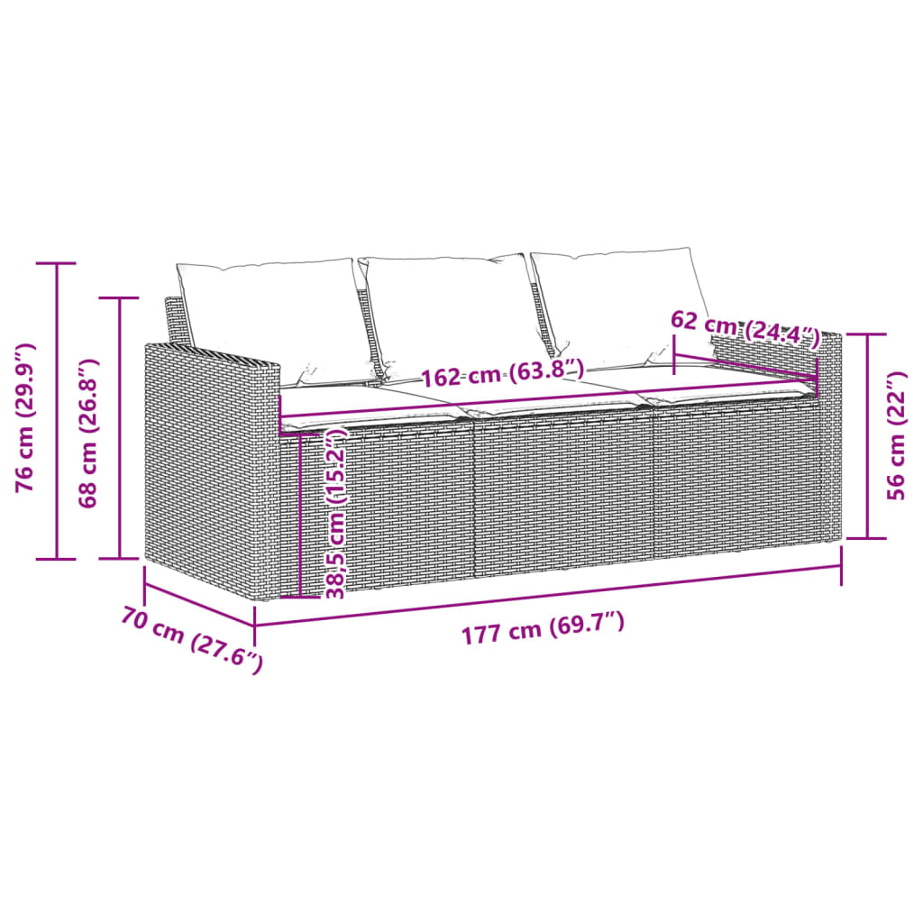 Patio Sofa with Cushions 3-Seater Black Poly Rattan