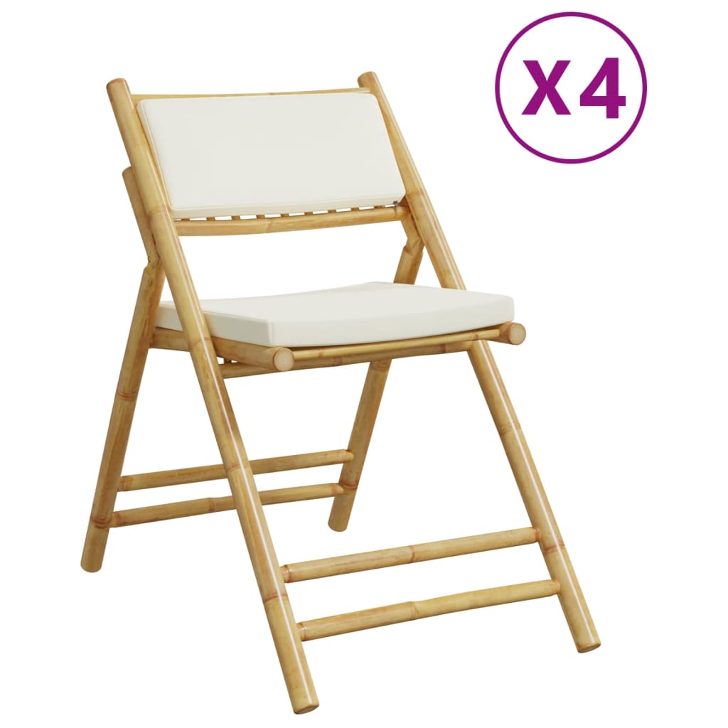 4 Piece Folding Bistro Chairs with Cream White Cushions Bamboo