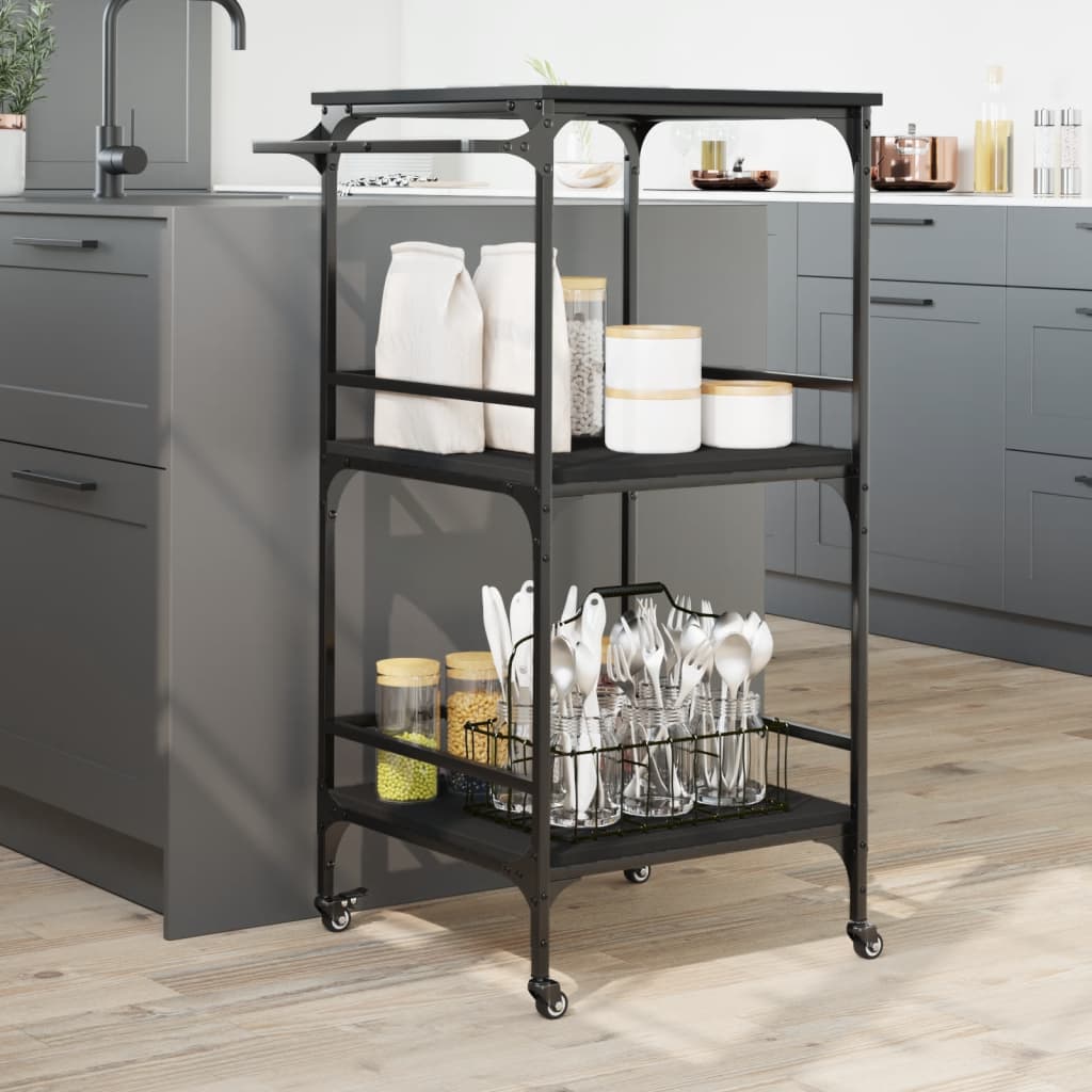 Kitchen Trolley Black 23.8"x19.7"x41.3" Engineered Wood