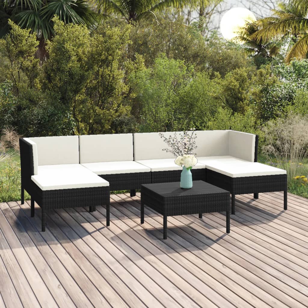 7 Piece Patio Lounge Set with Cushions Poly Rattan Black