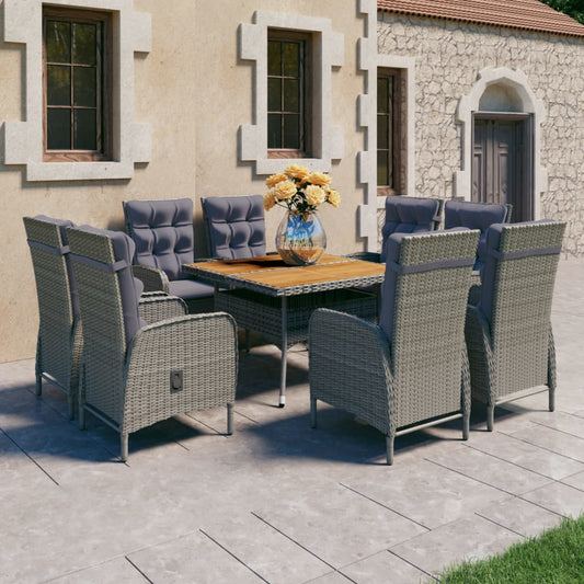 9 Piece Patio Dining Set Poly Rattan and Acacia Wood Gray