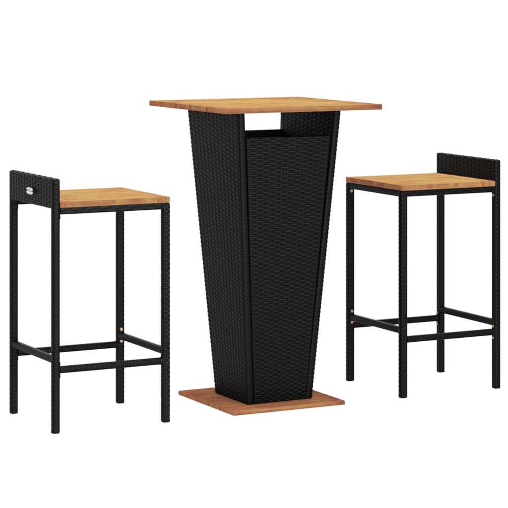 3 Piece Patio Bar Set Black Poly Rattan&Solid Wood Acacia