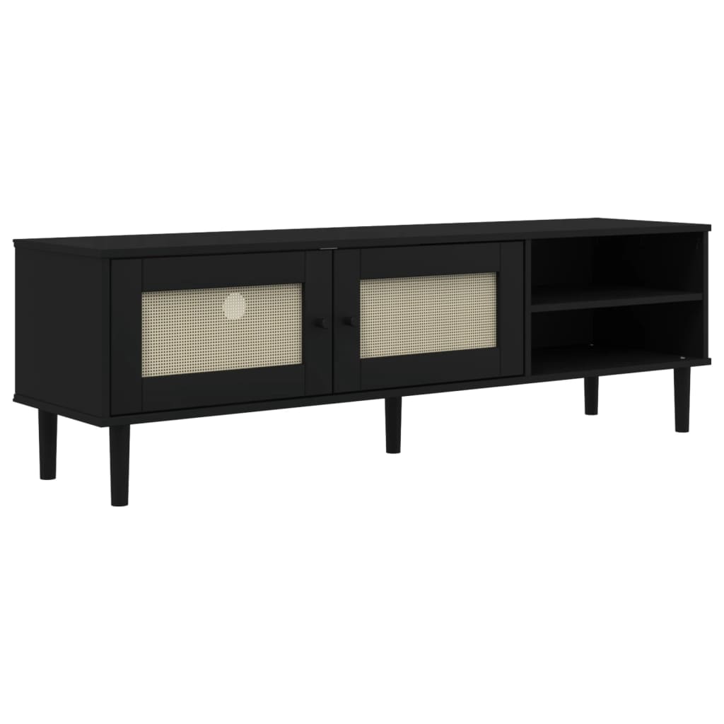 TV Stand SENJA Rattan Look Black 62.2"x15.7"x19.3" Solid Wood Pine