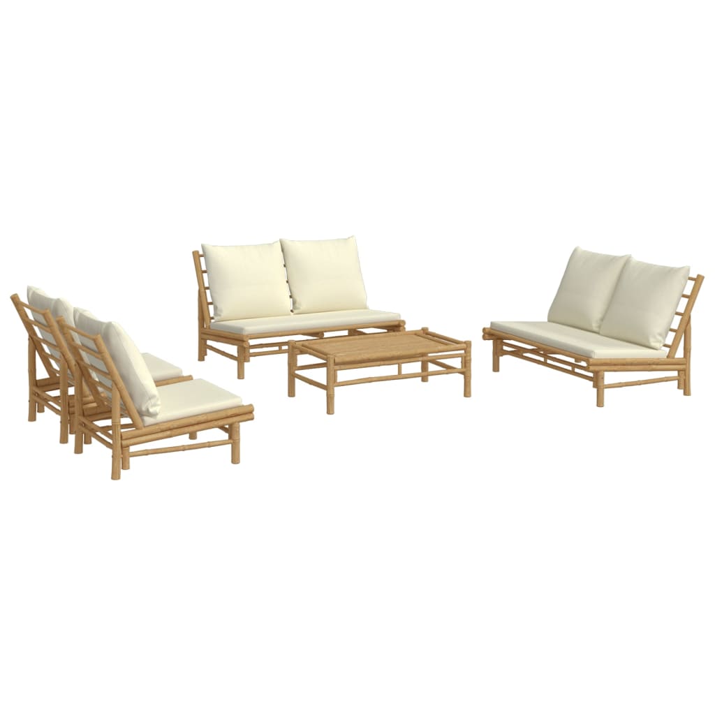 5 Piece Patio Lounge Set with Cream White Cushions Bamboo