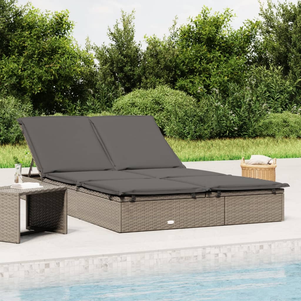 2-Person Sunbed with Cushions Gray Poly Rattan