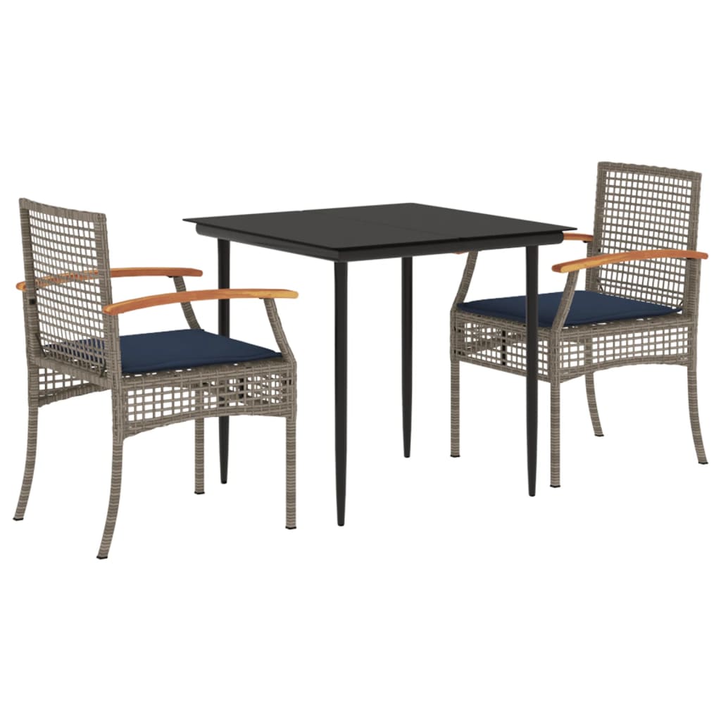 3 Piece Patio Dining Set with Cushions Gray Poly Rattan