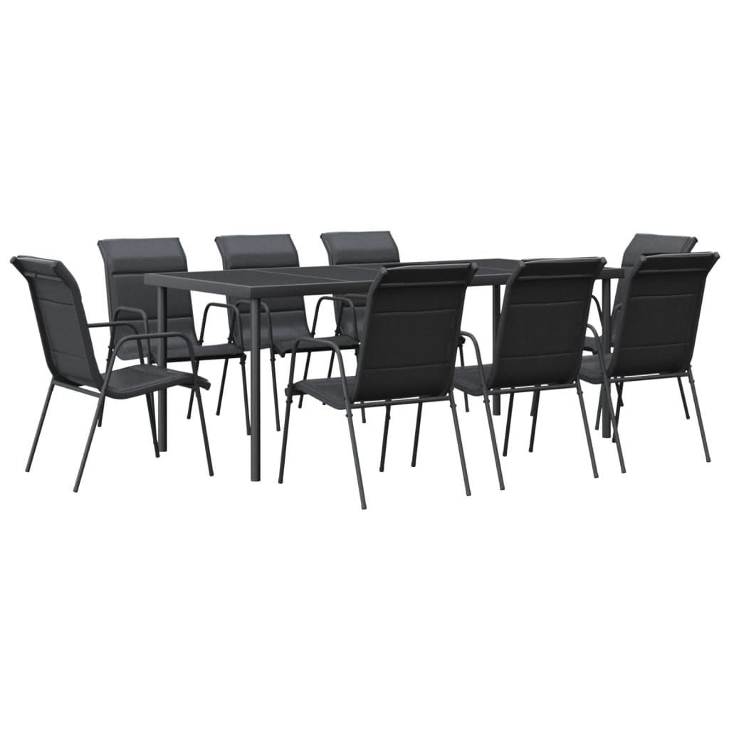 9 Piece Patio Dining Set Black Steel and Textilene