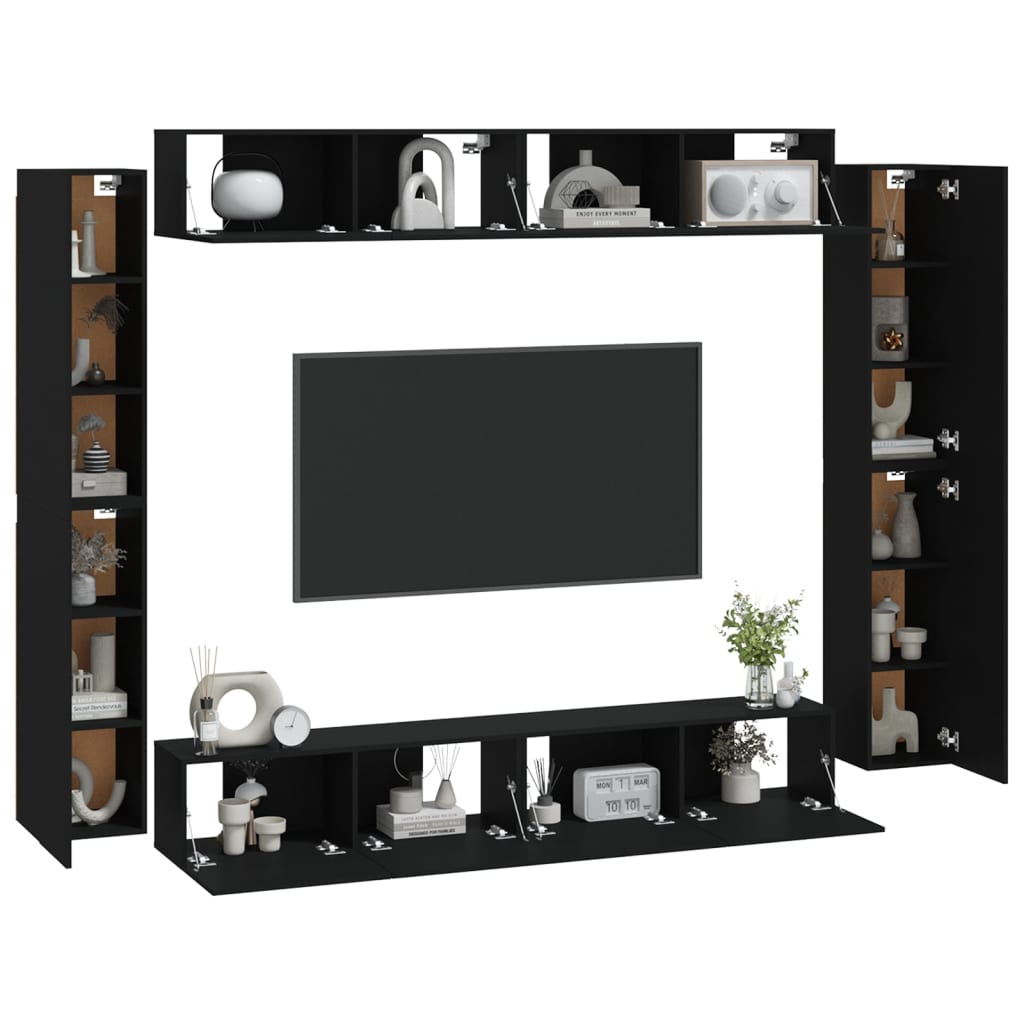 8 Piece TV Stand Set Black Engineered Wood