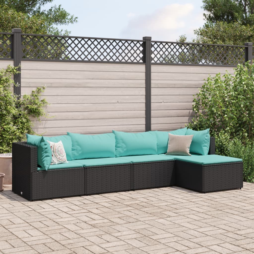 5 Piece Patio Lounge Set with Cushions Black Poly Rattan