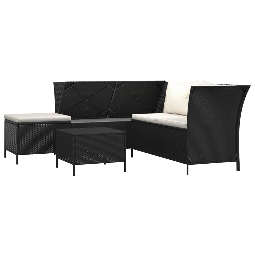 4 Piece Patio Lounge Set with Cushions Black Poly Rattan