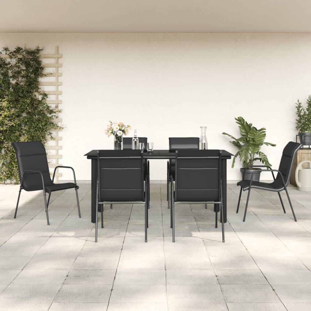 7 Piece Patio Dining Set Black Steel and Textilene