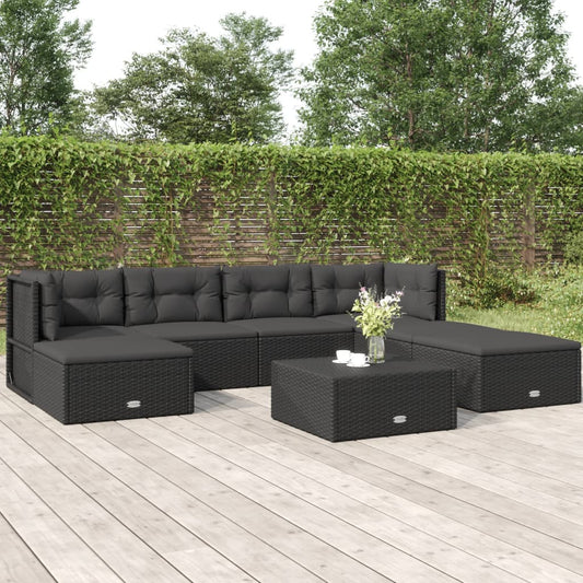 7 Piece Patio Lounge Set with Cushions Black Poly Rattan