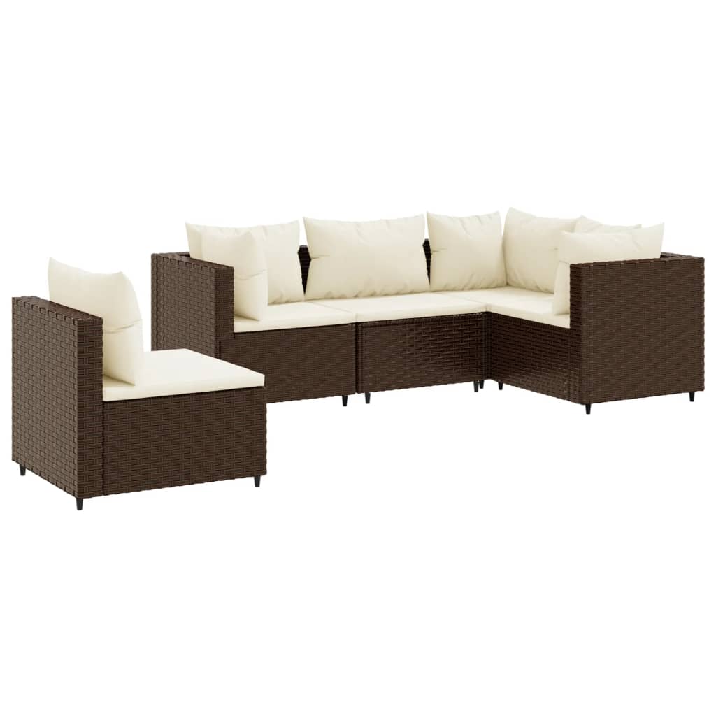 5 Piece Patio Lounge Set with Cushions Brown Poly Rattan