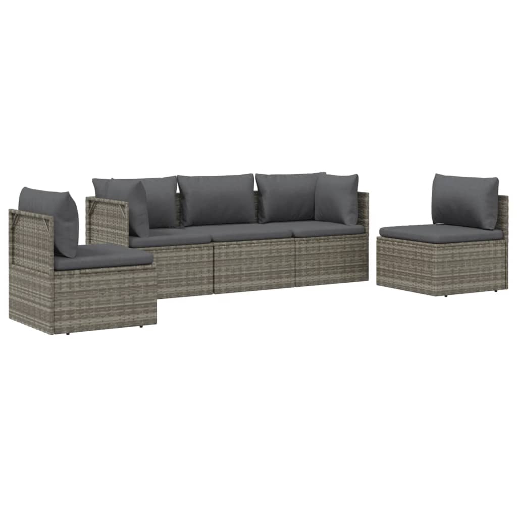 5 Piece Patio Lounge Set with Cushions Gray Poly Rattan