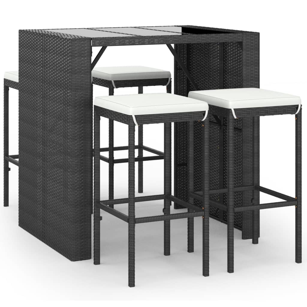 5 Piece Patio Bar Set with Cushions Black Poly Rattan