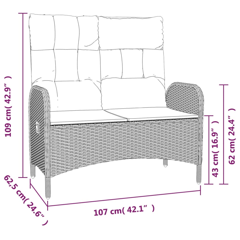 Reclining Patio Bench with Cushions 42.1" Poly Rattan Black