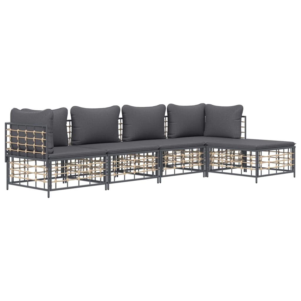 5 Piece Patio Lounge Set with Cushions Anthracite Poly Rattan