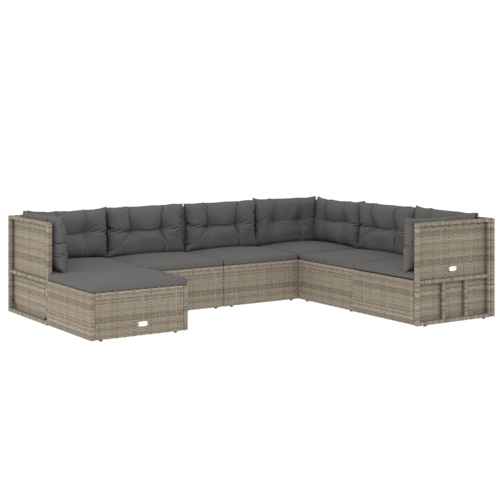 7 Piece Patio Lounge Set with Cushions Gray Poly Rattan