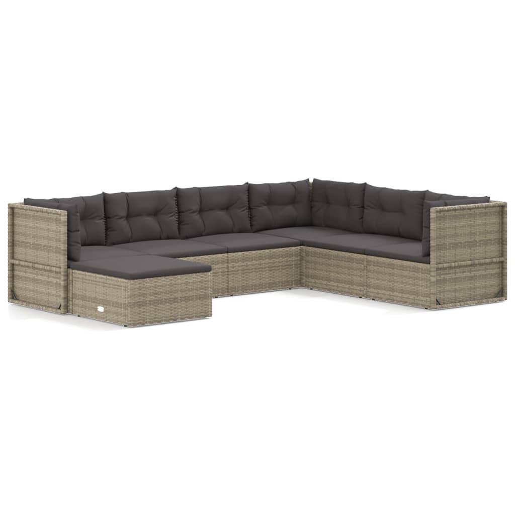 7 Piece Patio Lounge Set with Cushions Gray Poly Rattan