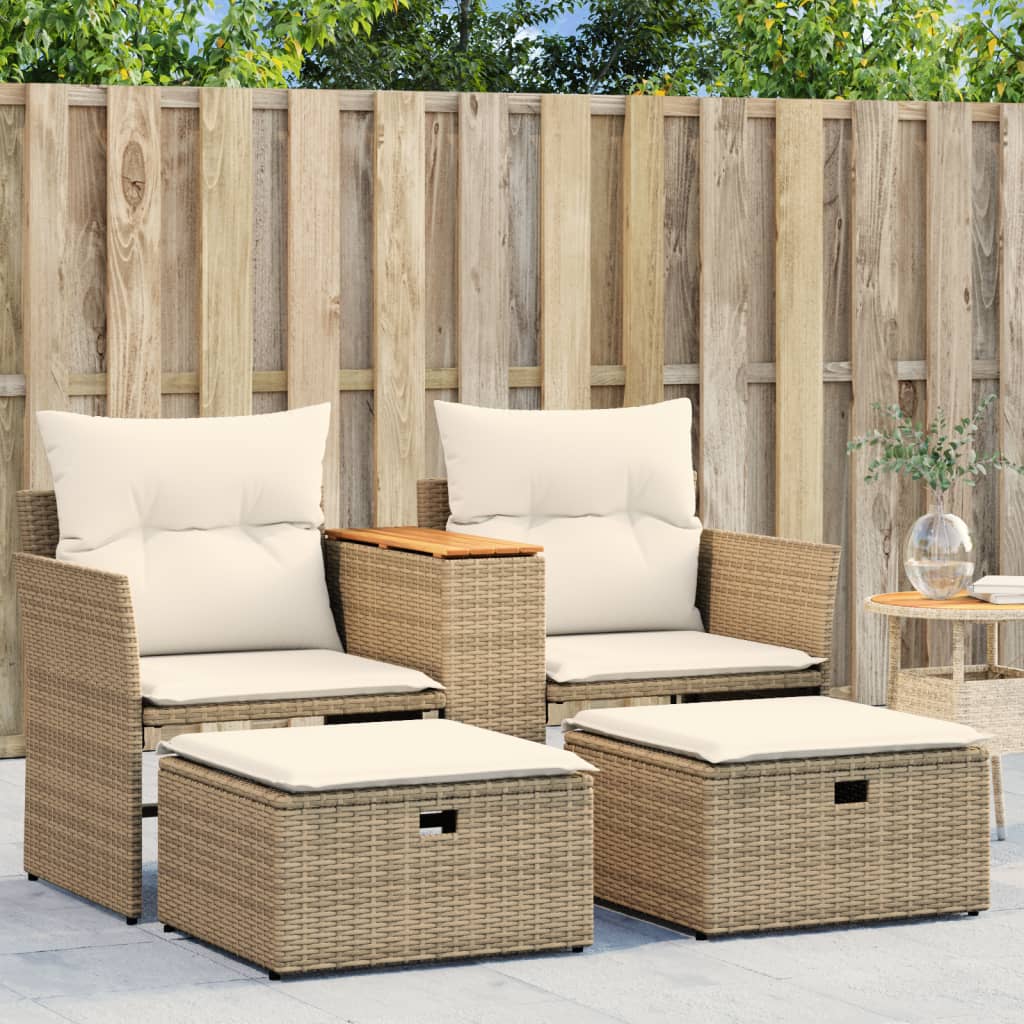 Patio Sofa 2-Seater with Stools Beige Poly Rattan