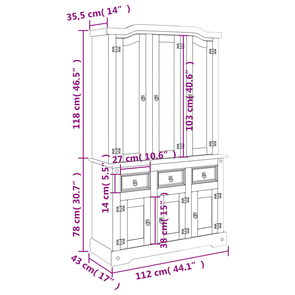 Highboard Corona White 44.1"x16.9"x77.2" Solid Wood Mexican Pine