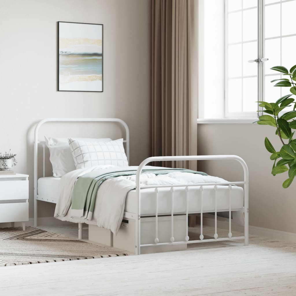 Metal Bed Frame without Mattress with Footboard White 39.4"x74.8"